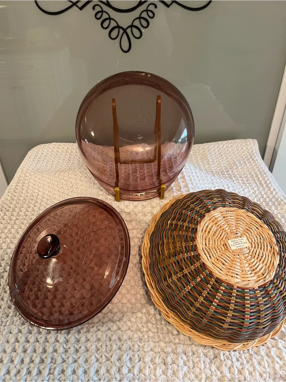 Vintage Pyrex Amber Glass Covered Casserole  with Woven Basket 409